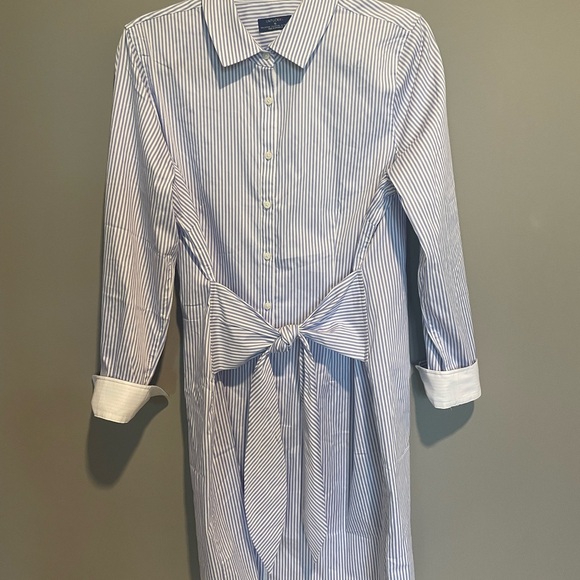 Crisp blue and white pinstriped Untucked button up dress w/ sash tie - Picture 3 of 5